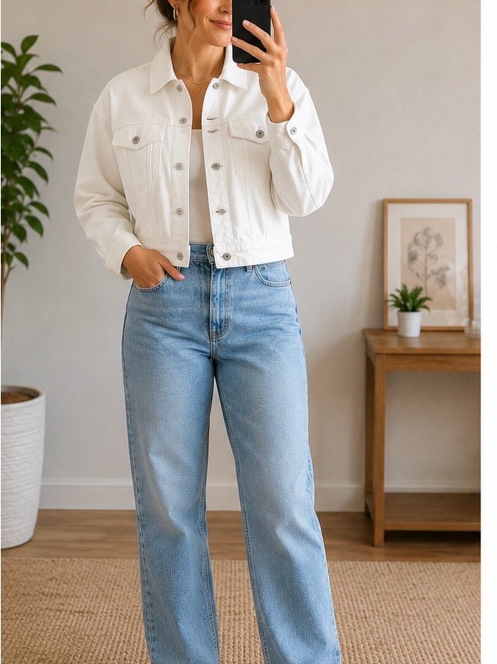 INC International Concepts White Denim Jacket Size Large, Waist Length